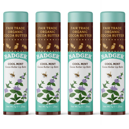 Badger front packaging showing Cool Mint Cocoa Butter, highlights long-lasting hydration