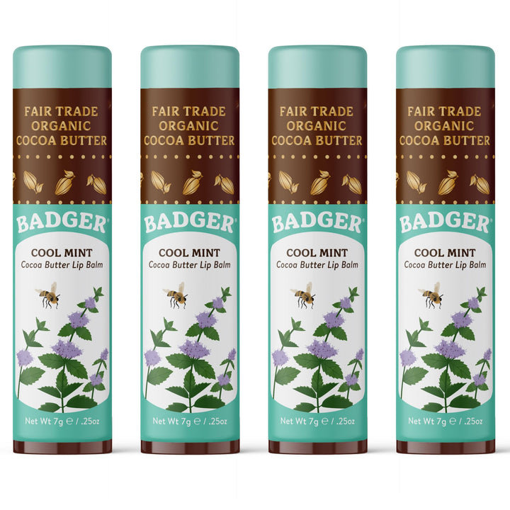 Badger front packaging showing Cool Mint Cocoa Butter, highlights long-lasting hydration