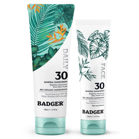 Badger front packaging of face and body sunscreens showing SPF 30 protection
