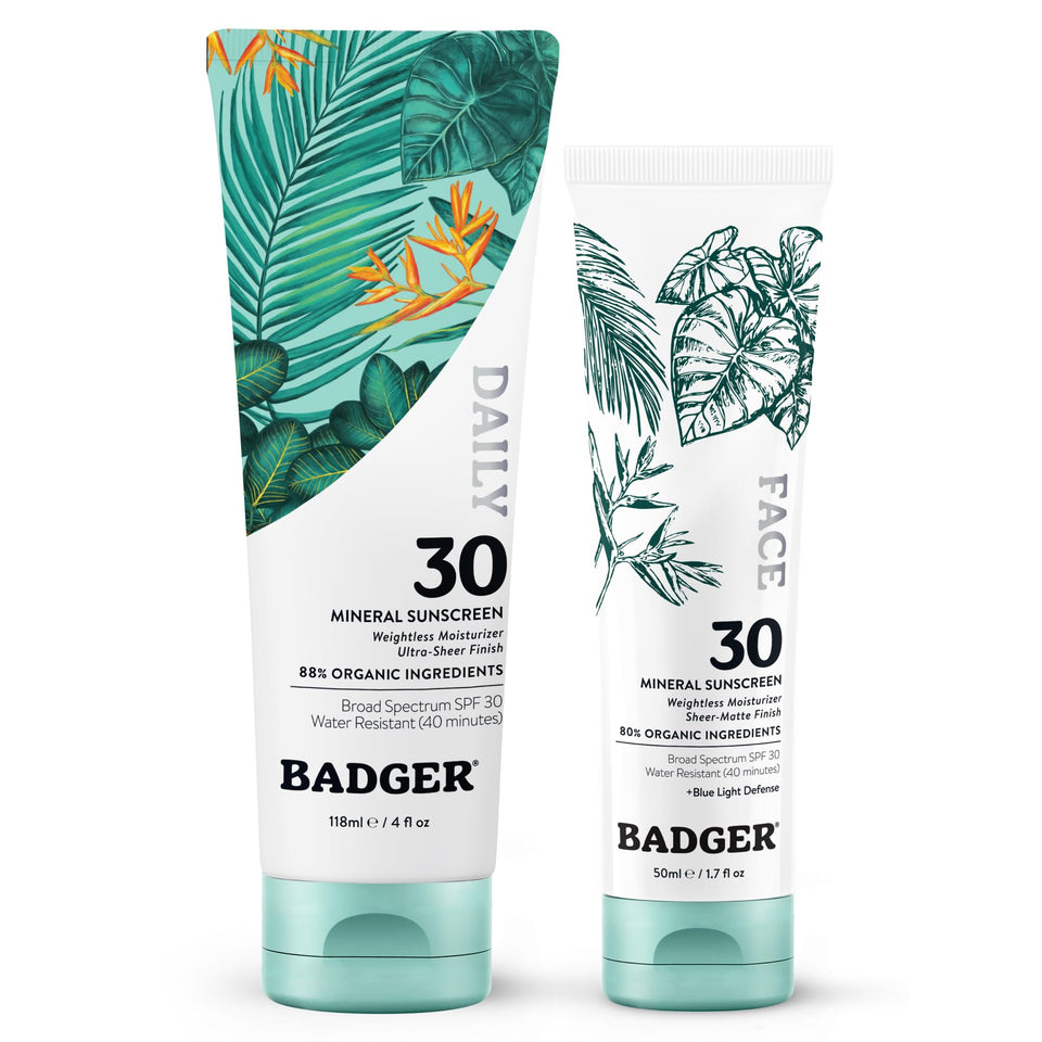 Badger front packaging of face and body sunscreens showing SPF 30 protection