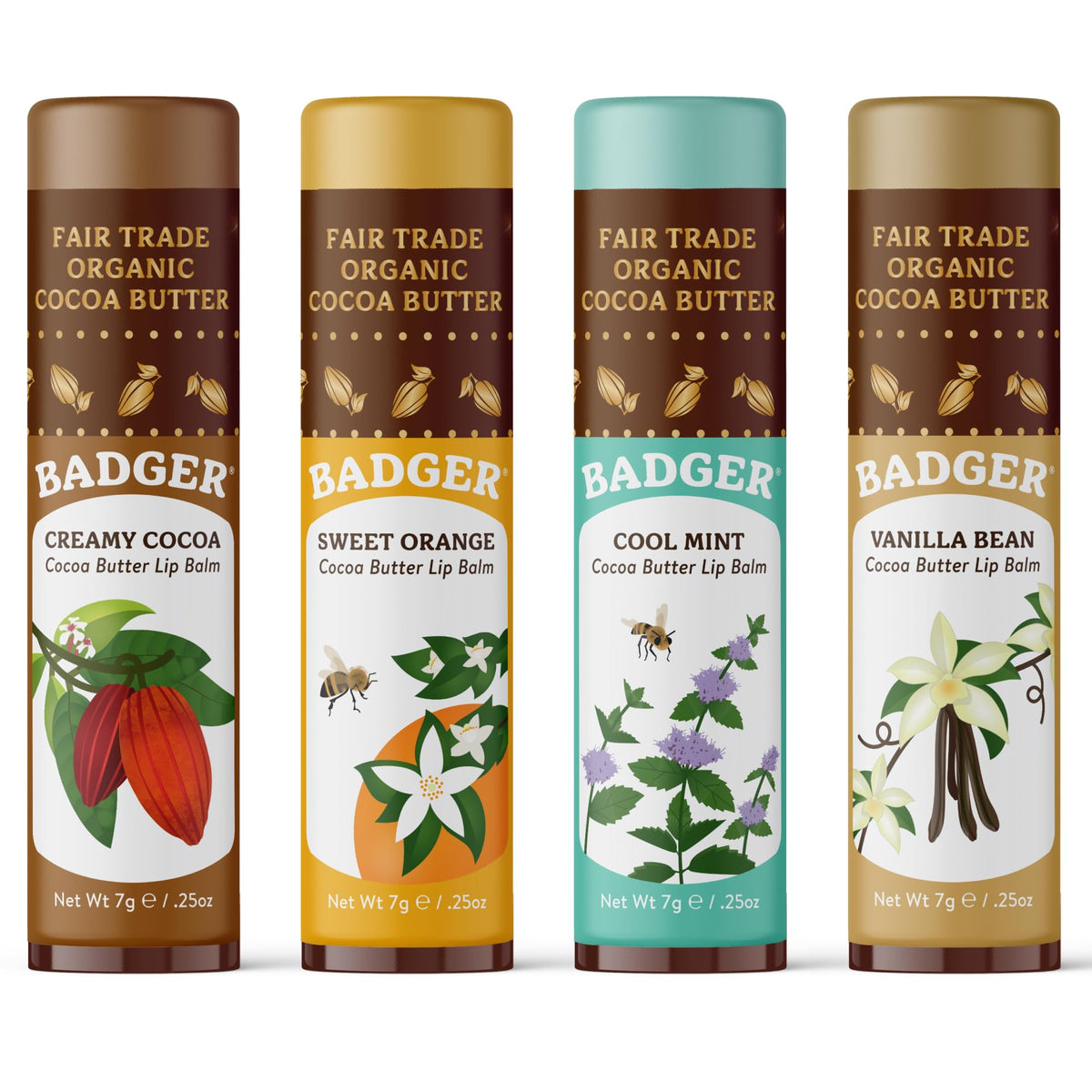 Badger front packaging showing four organic lip balm sticks for lasting moisture