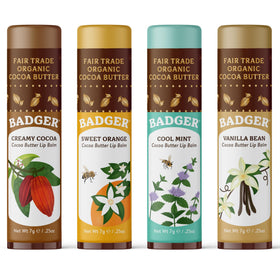 Badger front packaging showing four organic lip balm sticks for lasting moisture
