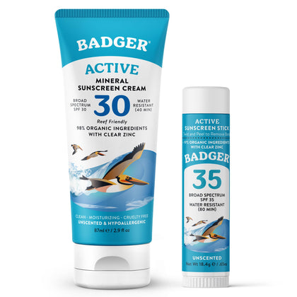 Badger front packaging showing SPF 30 cream and SPF 35 stick for clear protection