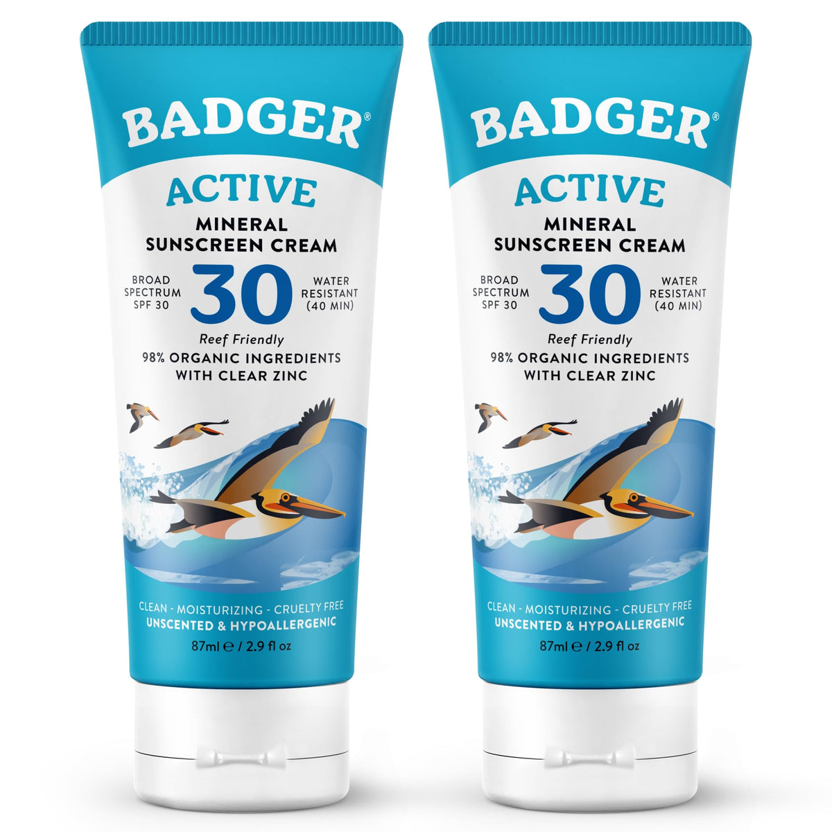 Badger front packaging SPF 30 showing tube and branding, travel-ready protection
