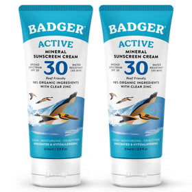 Badger front packaging SPF 30 showing tube and branding, travel-ready protection