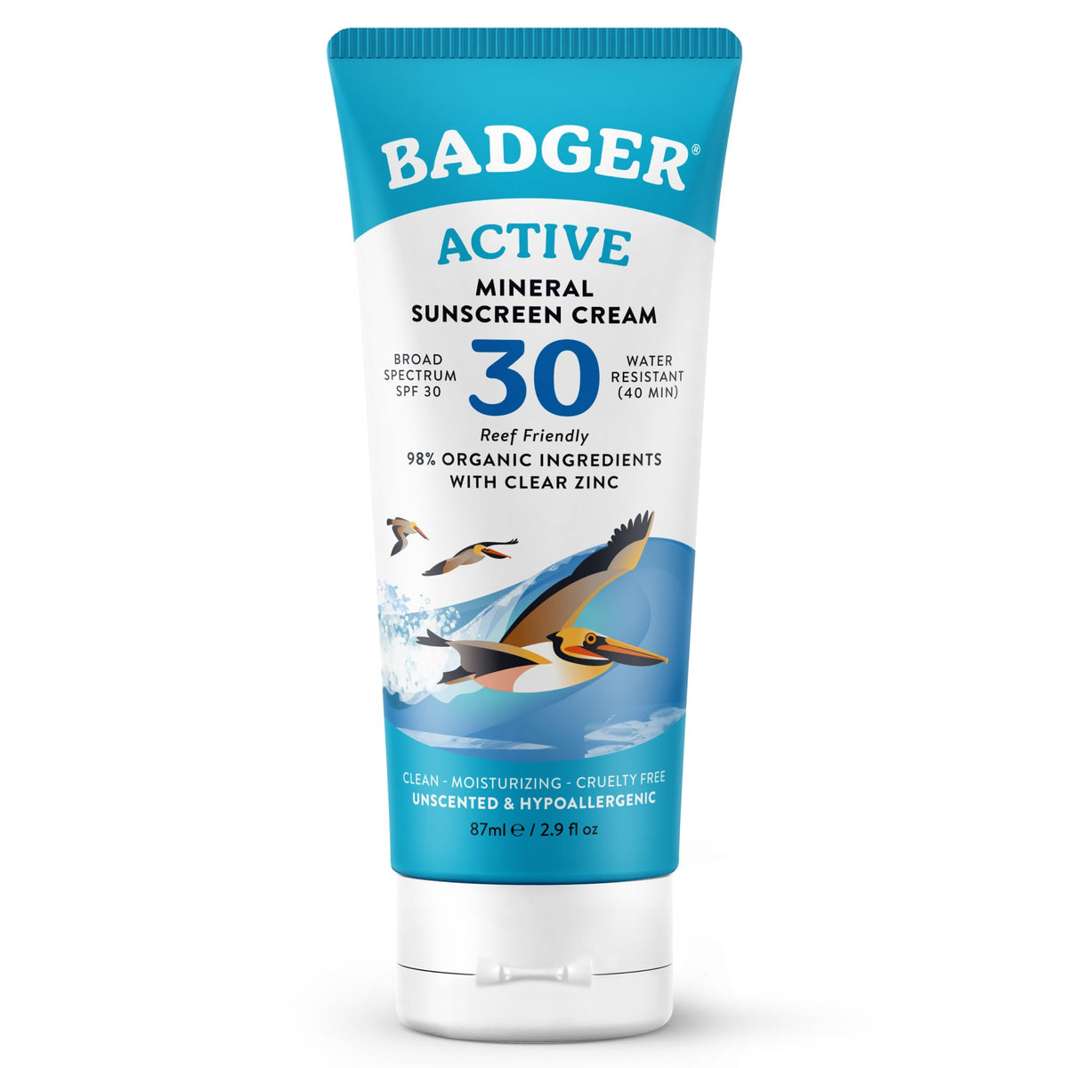 Badger front packaging showing SPF 30 tube and clear protection benefits