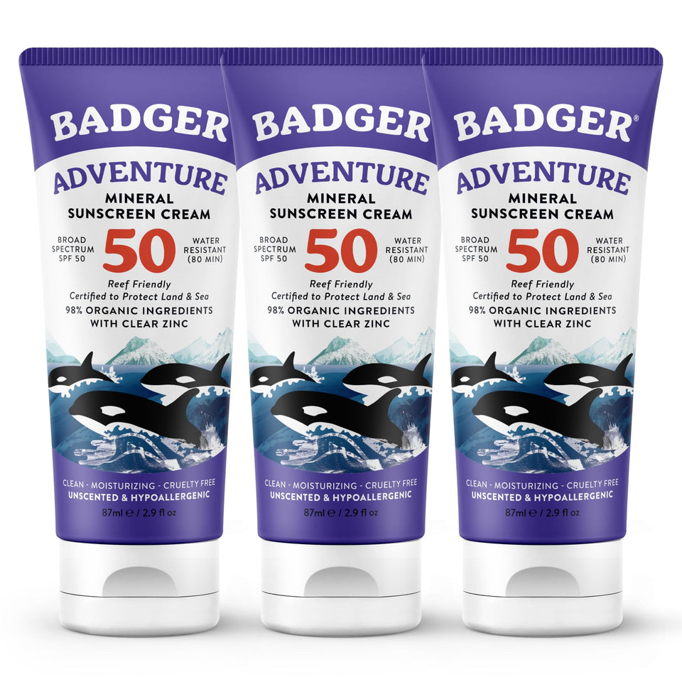 Badger front packaging showing SPF 50 unscented protection