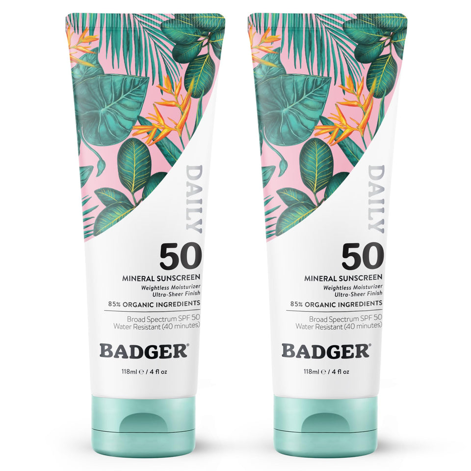 Badger front packaging showing SPF 50 benefits and clean look