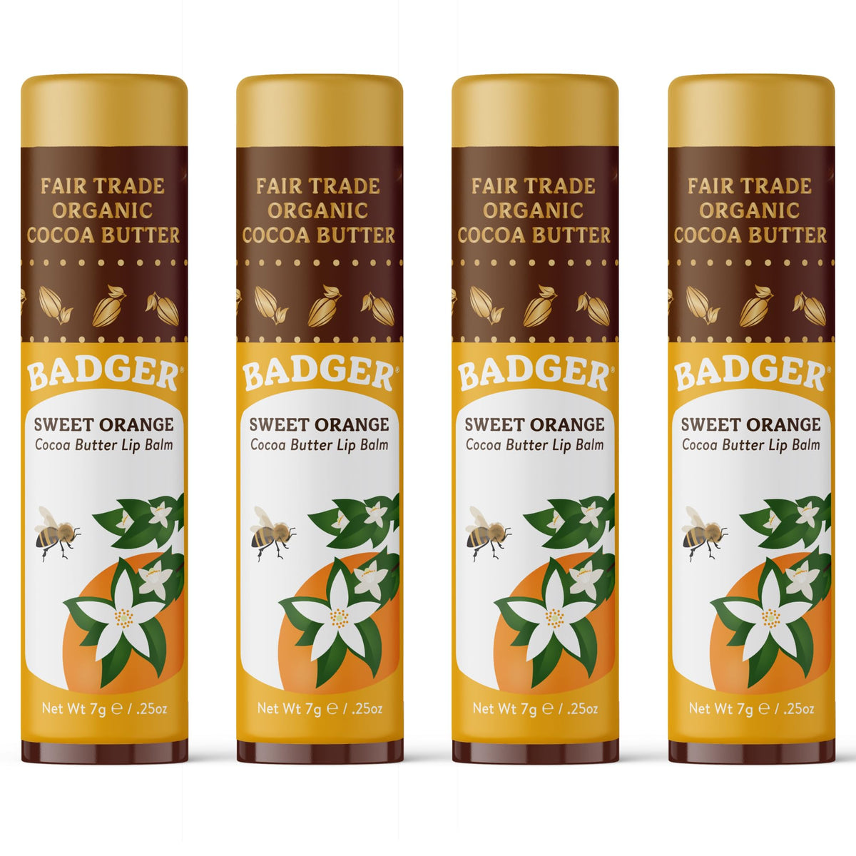 Badger front packaging showing four large sweet orange cocoa sticks for long-lasting hydration