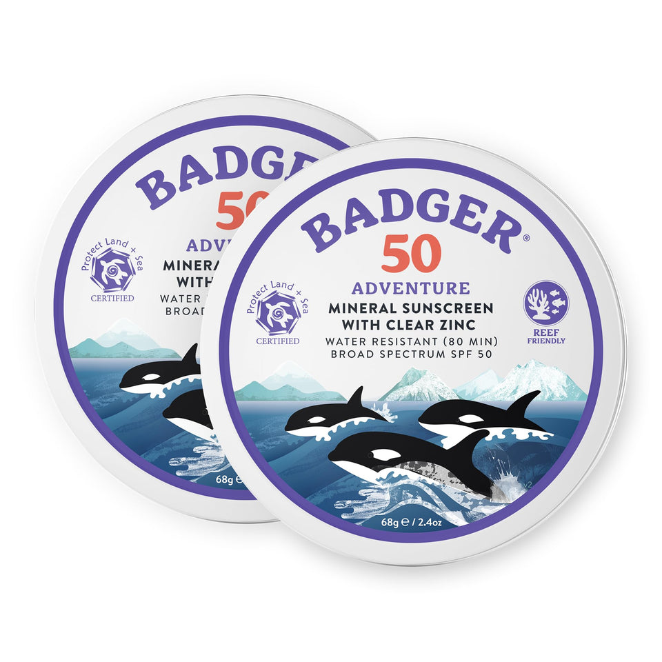 Badger front tin packaging showing SPF 50 and organic claim for confident protection