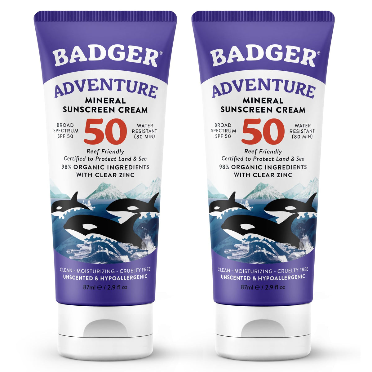 Badger front tube pair showing packaging and SPF 50 protection