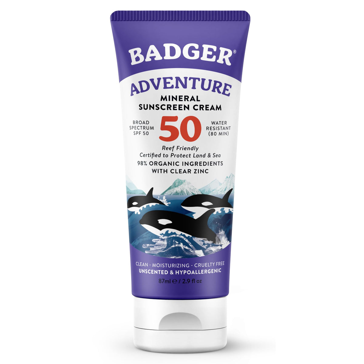 Badger front tube showing SPF 50 and reef-safe protection benefit