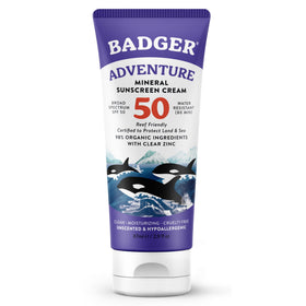 Badger front tube showing SPF 50 and reef-safe protection benefit