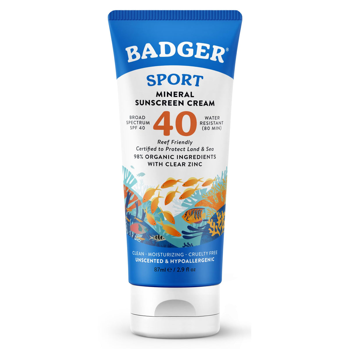 Badger front tube view showing SPF 40 and reef-safe benefit