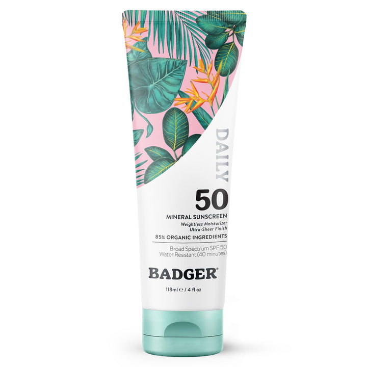Badger front tube showing SPF 50 label and clear protection benefits