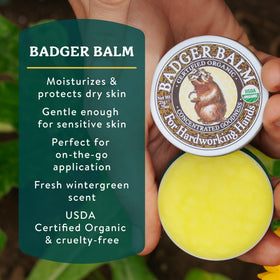 Badger open tin displaying creamy texture and moisturizing benefit
