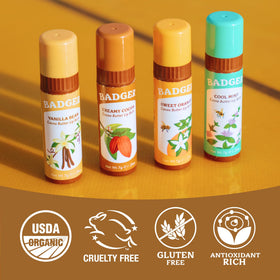 Badger ingredients label detail showing Fair Trade cocoa butter and organic oils