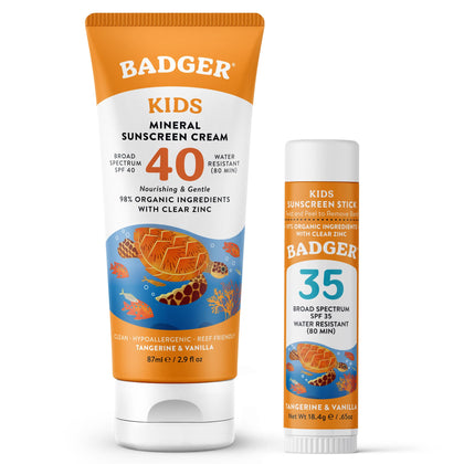 Badger front packaging showing kids sunscreen set and easy coverage benefit