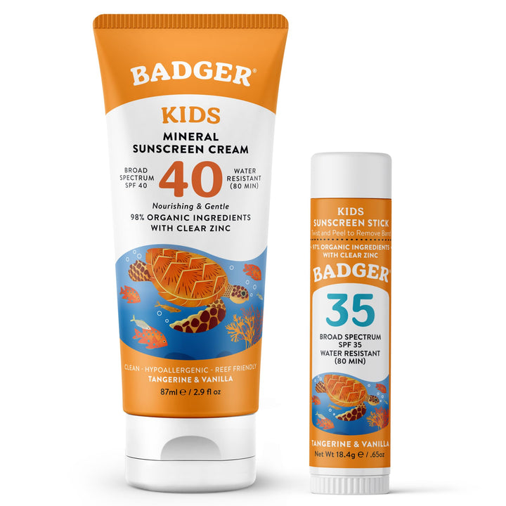 Badger front packaging showing kids sunscreen set and easy coverage benefit