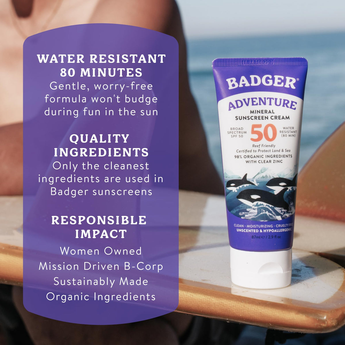 Badger label closeup showing certifications and reef-safe reassurance