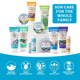 Badger sunscreen on a beach towel illustrating reef-safe sun care in use