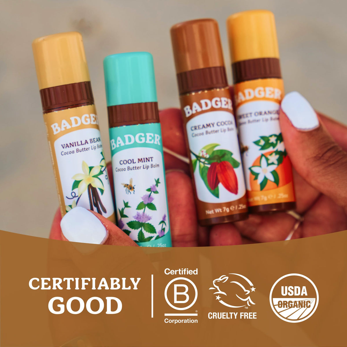 Badger lifestyle scene with balm in travel pouch highlighting portability and convenience