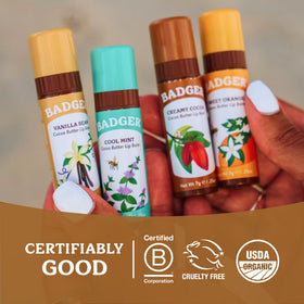 Badger lifestyle scene with balm in travel pouch highlighting portability and convenience