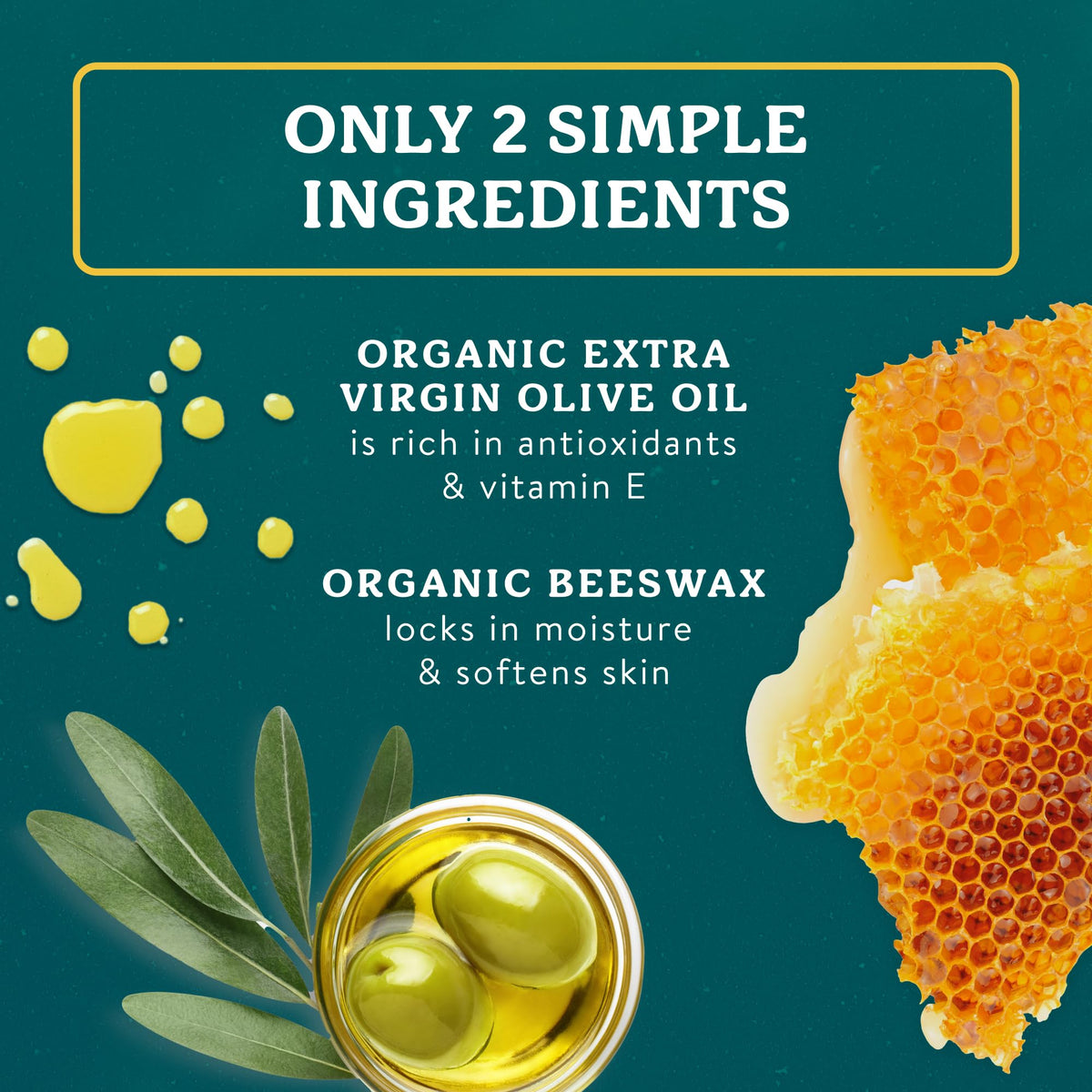 Badger olive oil and beeswax ingredients displayed to highlight organic purity