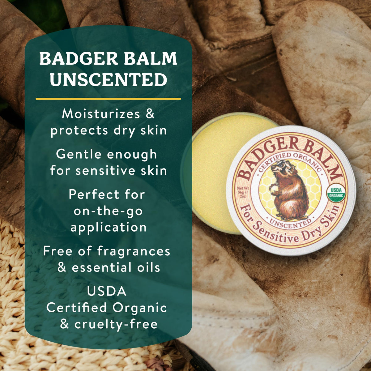 Badger open tin close-up showing smooth balm texture for fast absorption