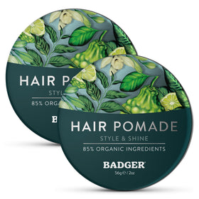 Badger pomade front tin showing label and size, highlights organic packaging benefit