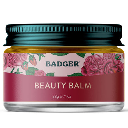 Badger jar front view showing rose beauty balm and compact organic packaging