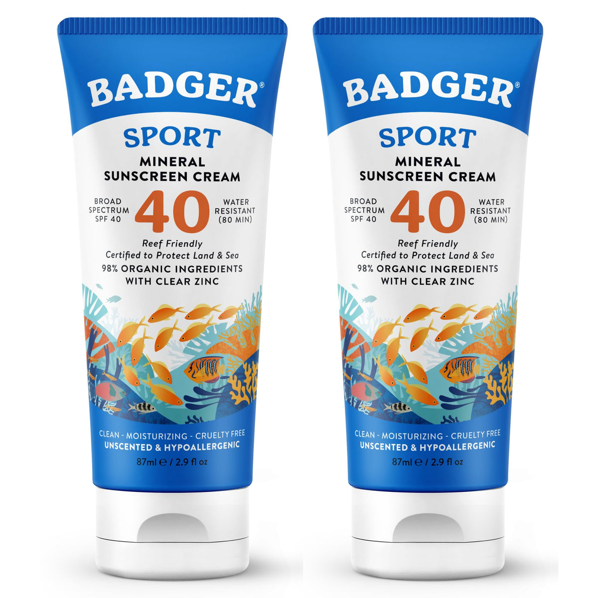 Badger front packaging showing SPF 40 and reef-safe benefit