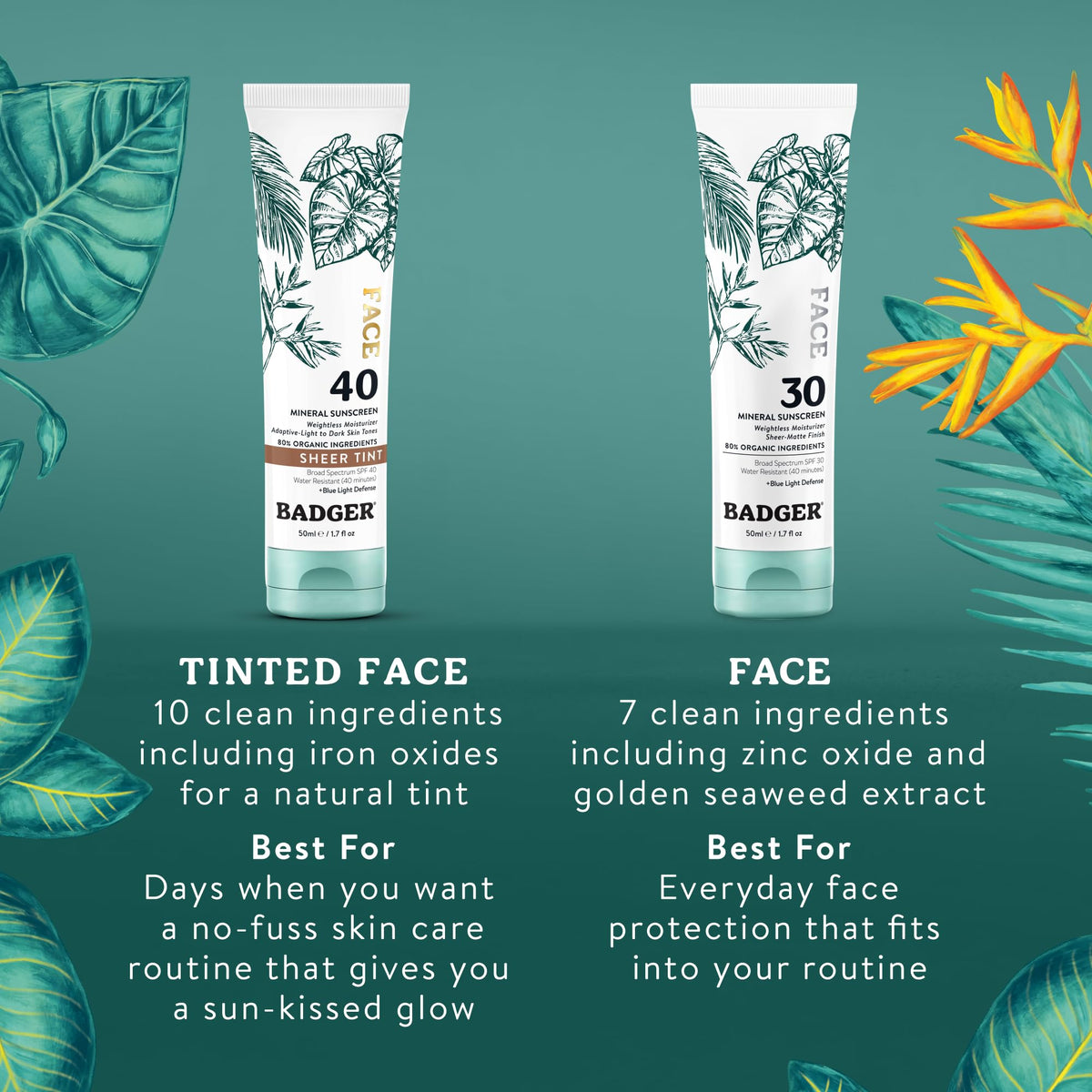 Badger sunscreen beside water showing 40-minute water resistance benefit