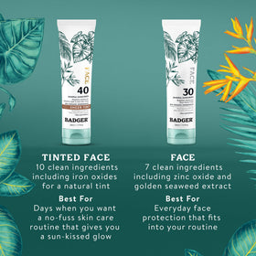 Badger sunscreen beside water showing 40-minute water resistance benefit