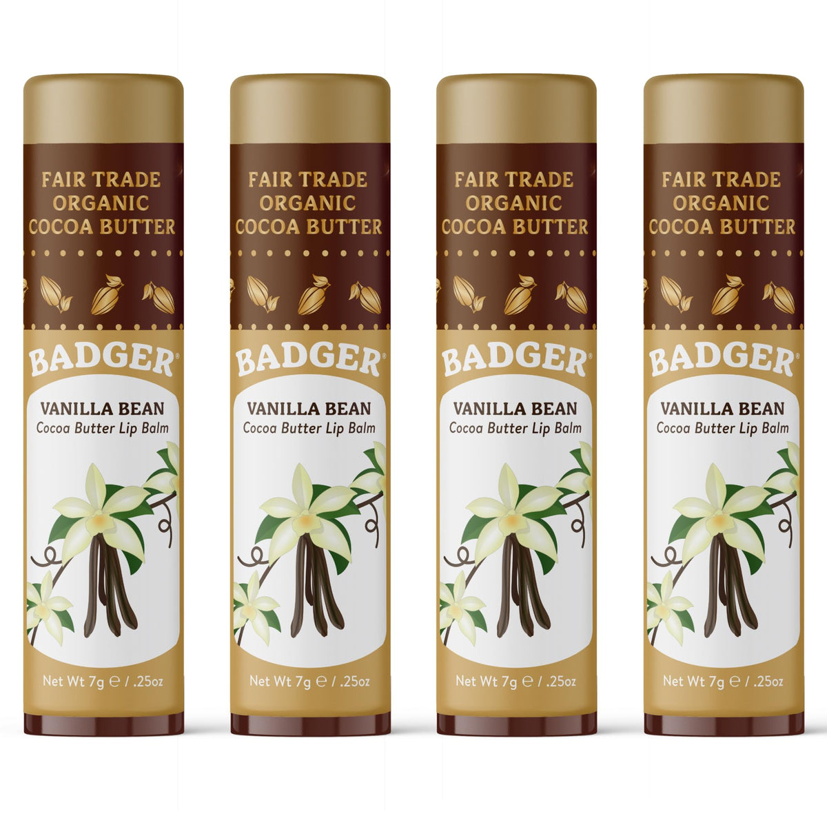 Badger front packaging showing vanilla bean cocoa butter balm benefits