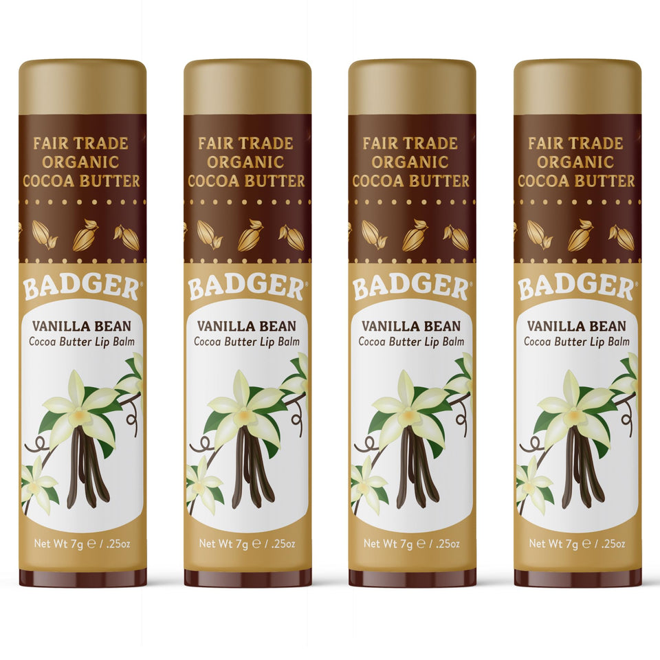 Badger front packaging showing vanilla bean cocoa butter balm benefits