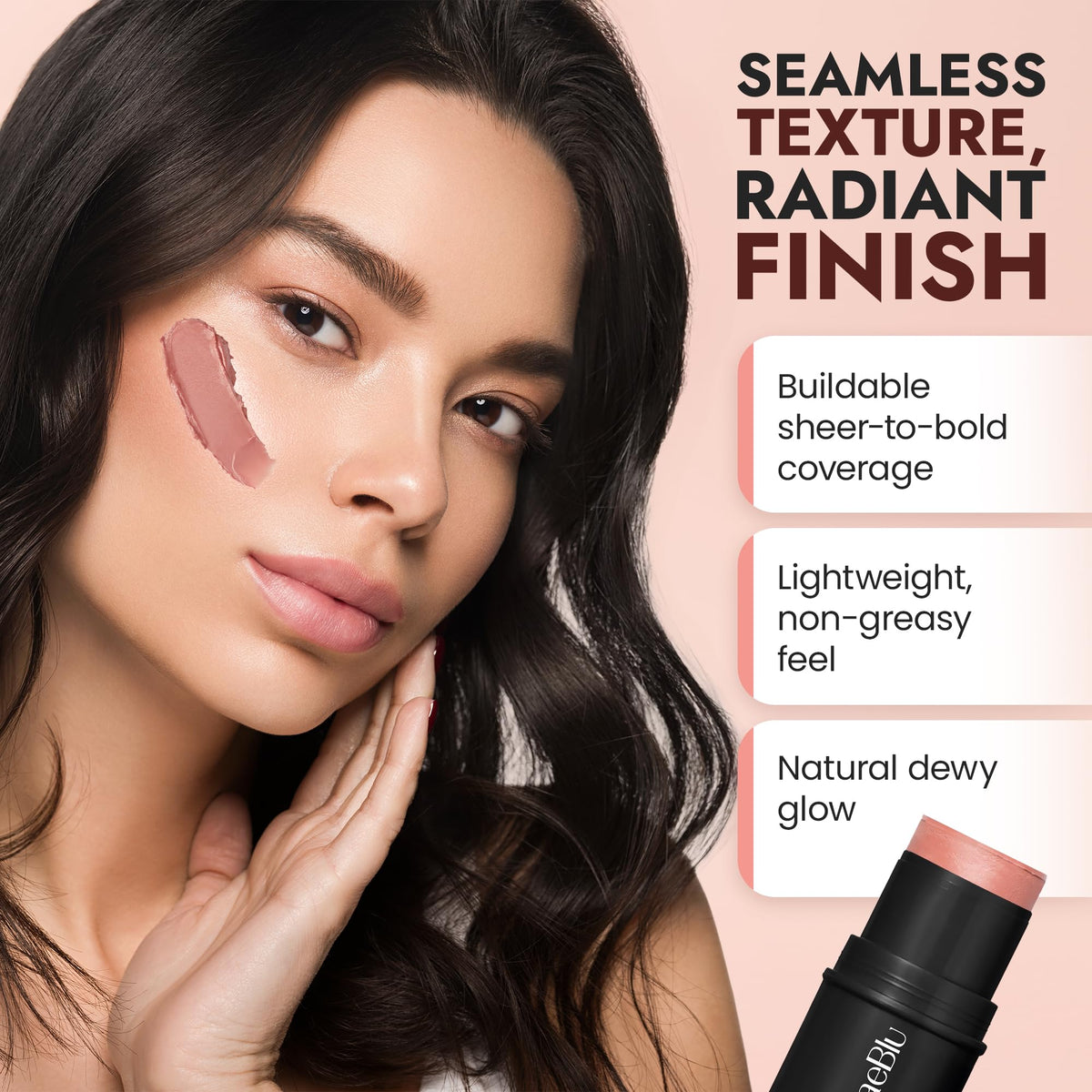 BaeBlu on lips illustrating buildable color and moisture
