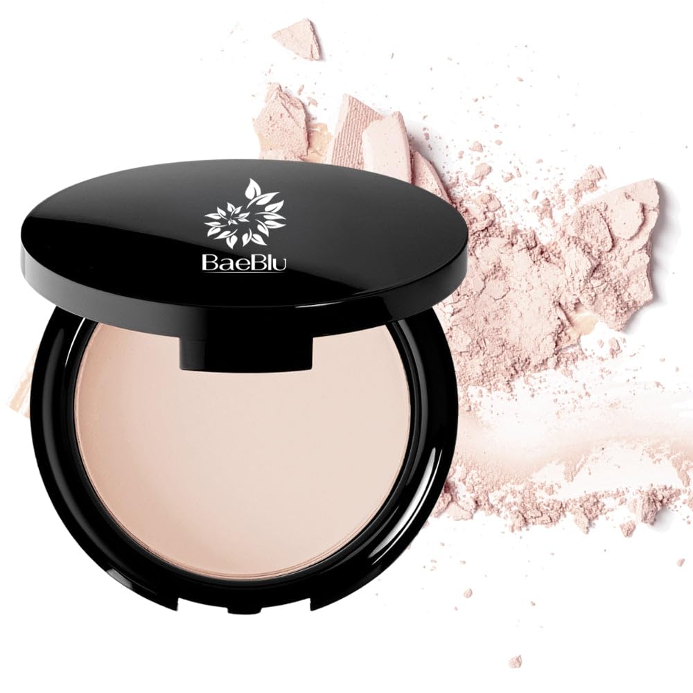 BaeBlu compact front packaging showing matte pressed powder for portable touch-ups