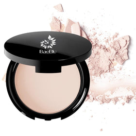 BaeBlu compact front packaging showing matte pressed powder for portable touch-ups