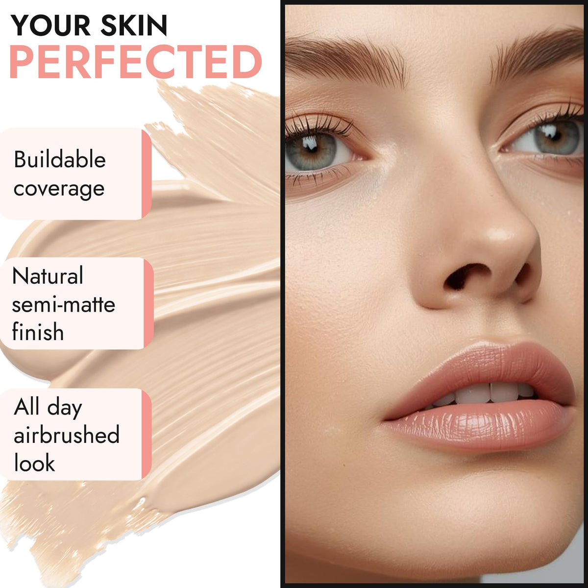 BaeBlu foundation applied with brush illustrating even application and coverage benefit