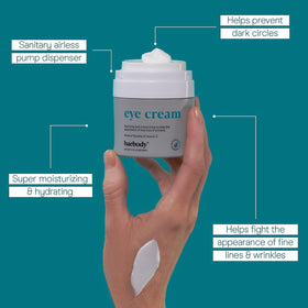 Baebody eye cream applied under eye illustrating smoother appearance