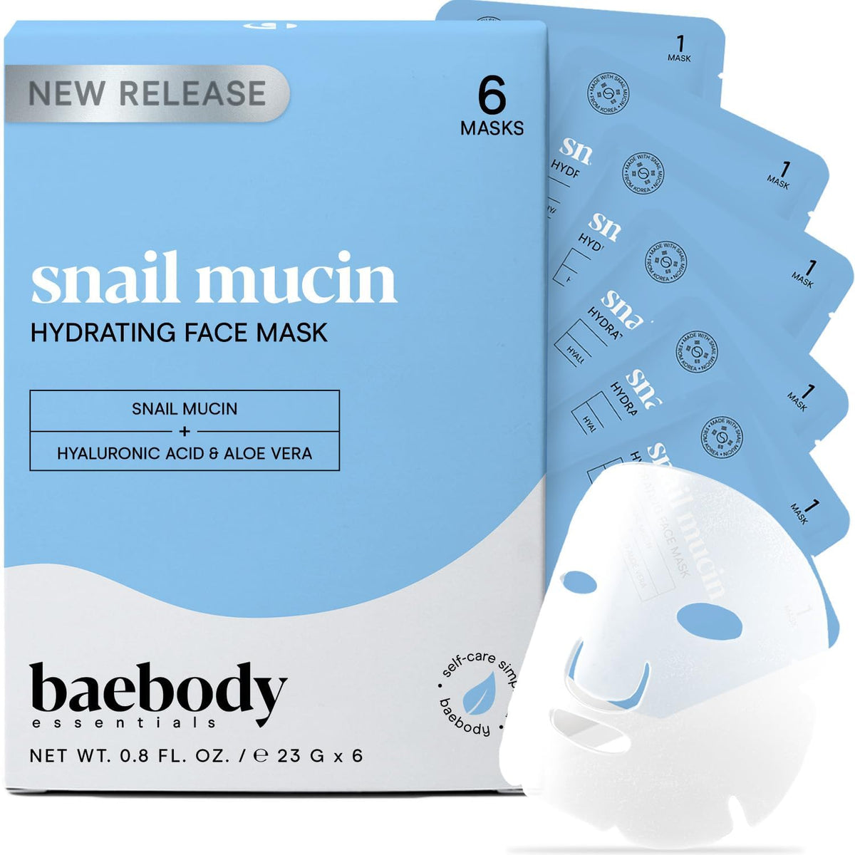 Baebody front packaging showing six individually wrapped masks for convenient hydration