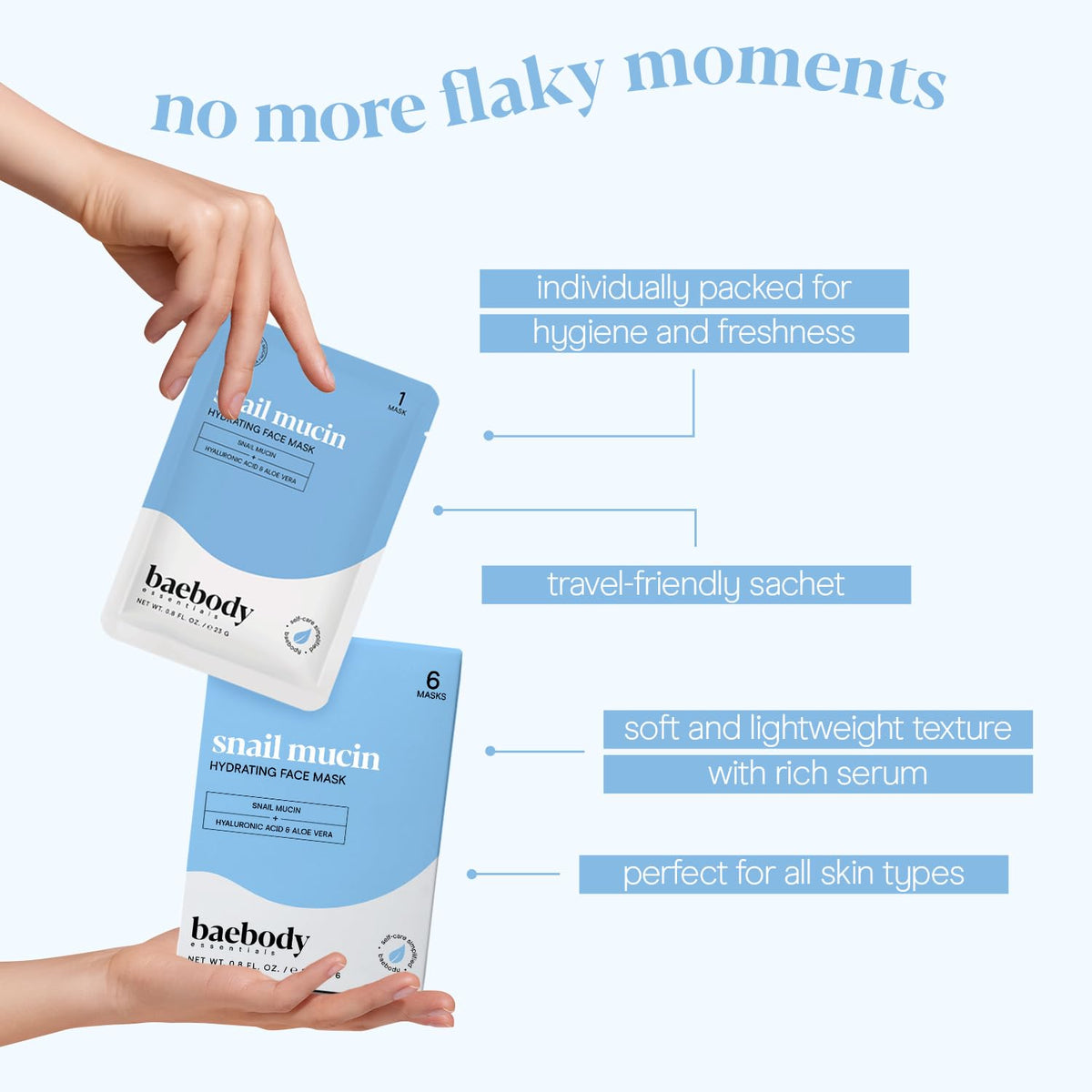 Baebody ingredients label close-up listing snail mucin and hyaluronic acid benefits