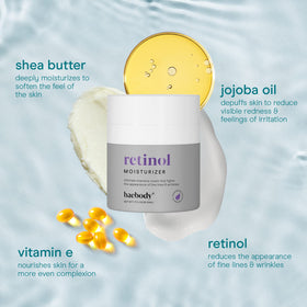 Baebody label close-up listing retinol, jojoba oil and vitamin E benefits