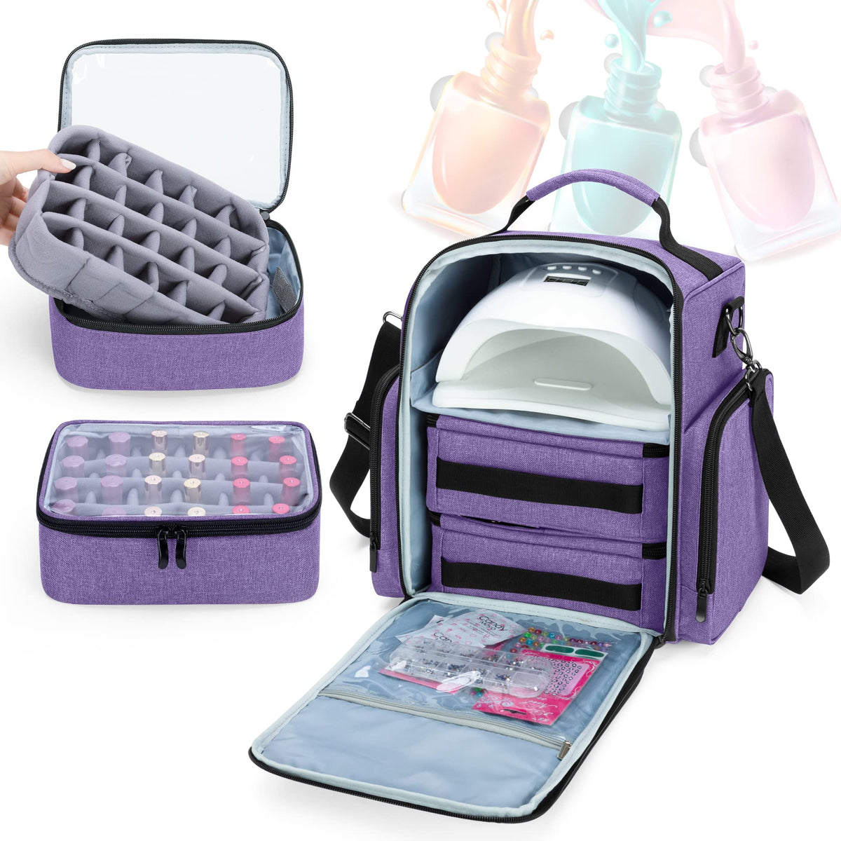 BAFASO organizer open with 48 nail polish bottles neatly arranged for quick access