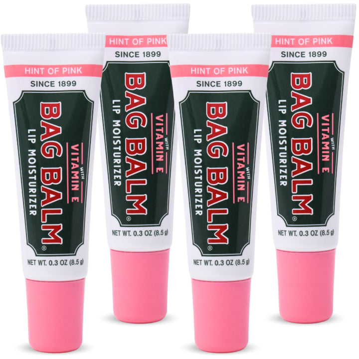 Bag Balm front packaging showing hint of pink and Vitamin E benefit