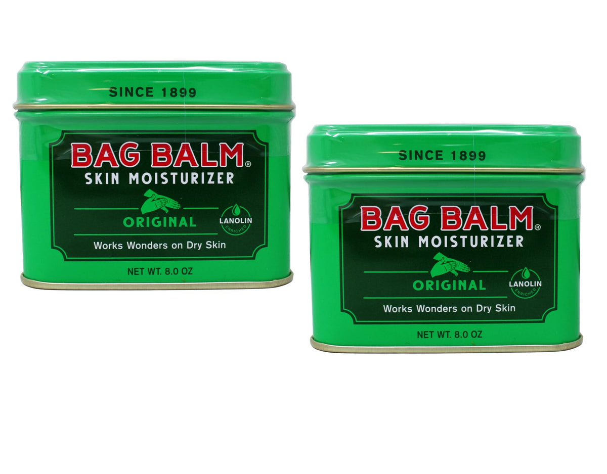 Bag Balm two-tin front packaging showing product and brand benefit