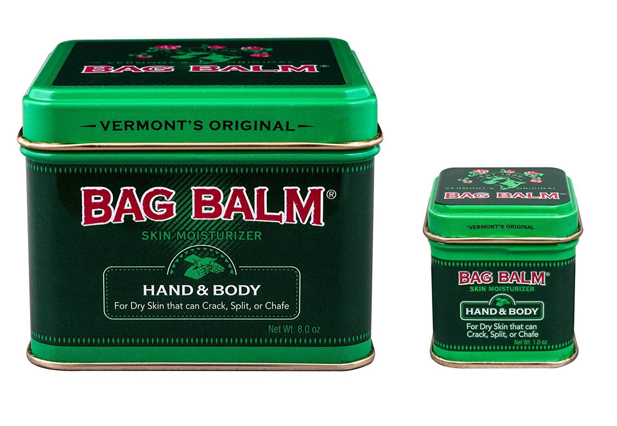 Bag Balm front packaging showing 8 oz and 1 oz tins for moisturizing convenience