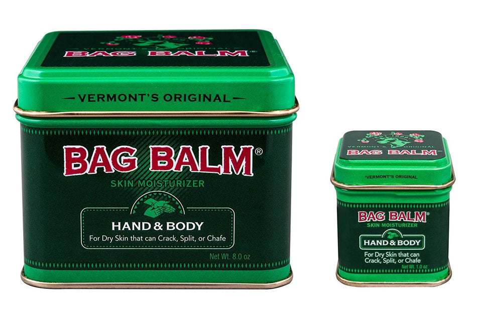 Bag Balm front packaging showing 8 oz and 1 oz tins for moisturizing convenience