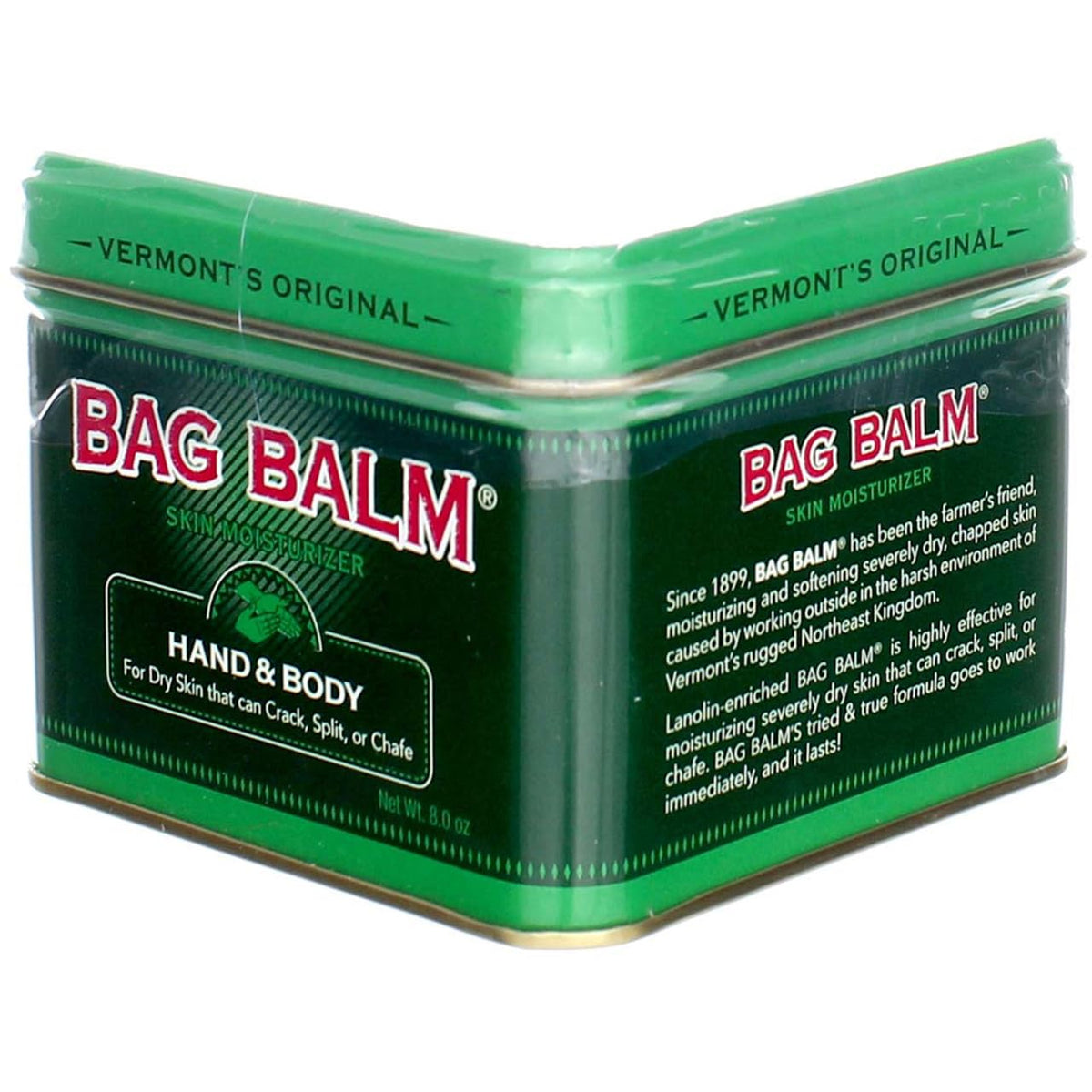 Close-up of Bag Balm label illustrating vintage Vermont branding and history